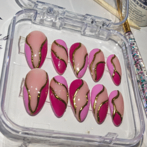 Peach and pink press on nails with golden chrome finish – elegant reusable nails by Glow Nails