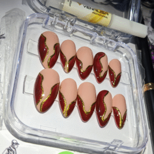 Peach and red press on nails with golden chrome finish – luxury reusable nails by Glow Nails