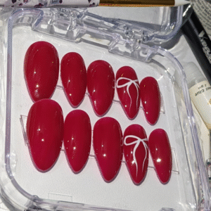 Red bow press on nails – cute red glossy nails with bow design by Glow Nails
